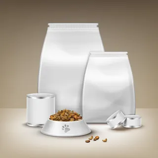 矢量空白包装、罐头食品和在棕色背景下隔离的饲料碗