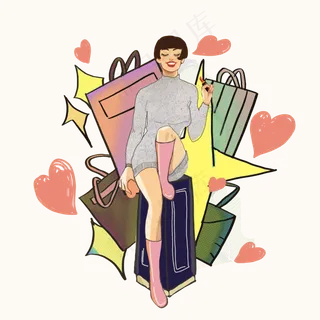 双十一复古美妞购物剁手粉色PNG