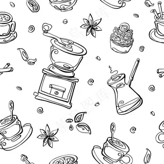 与咖啡元素无缝模式。采购产品咖啡壶，咖啡研磨机，谷物，美式咖啡，杯子，香草，肉桂。