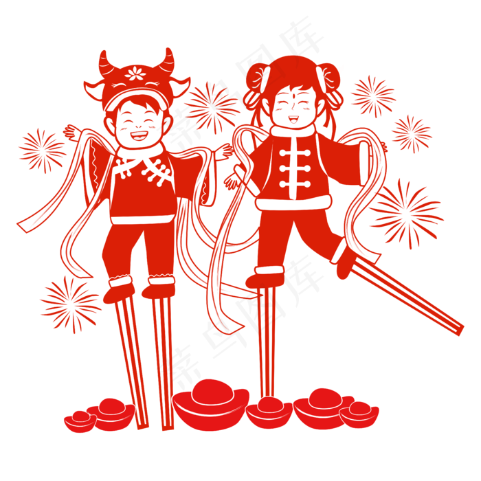 踩高跷人物剪纸矢量图