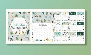 可爱的狩猎日历2021与狮子，长颈鹿，斑马，狐狸，猴子