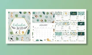 可爱的狩猎日历2021与狮子，长颈鹿，斑马，狐狸，猴子