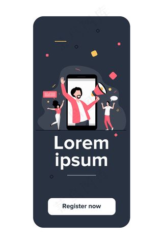 影响营销理念。男博主拿着扩音器在社交媒体网站上与观众分享信息