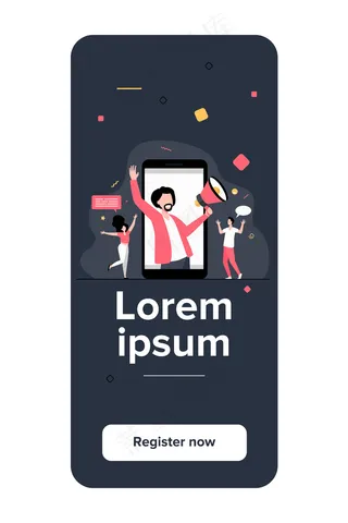 影响营销理念。男博主拿着扩音器在社交媒体网站上与观众分享信息