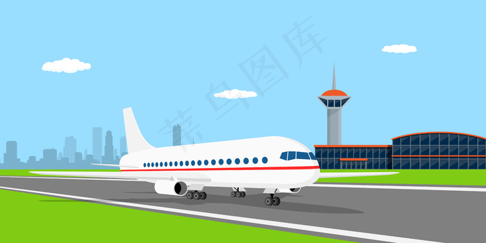 机场前跑道上的民用飞机图片，风格插图