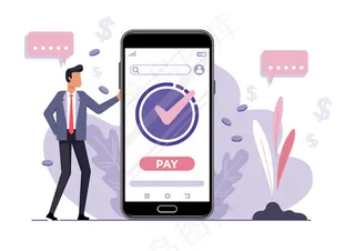 网上购物矢量概念。一位商人站在一部手机的背景下，开着一家网店