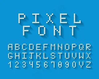 像素字体，蓝色背景上有一整套大写字母和数字0到9