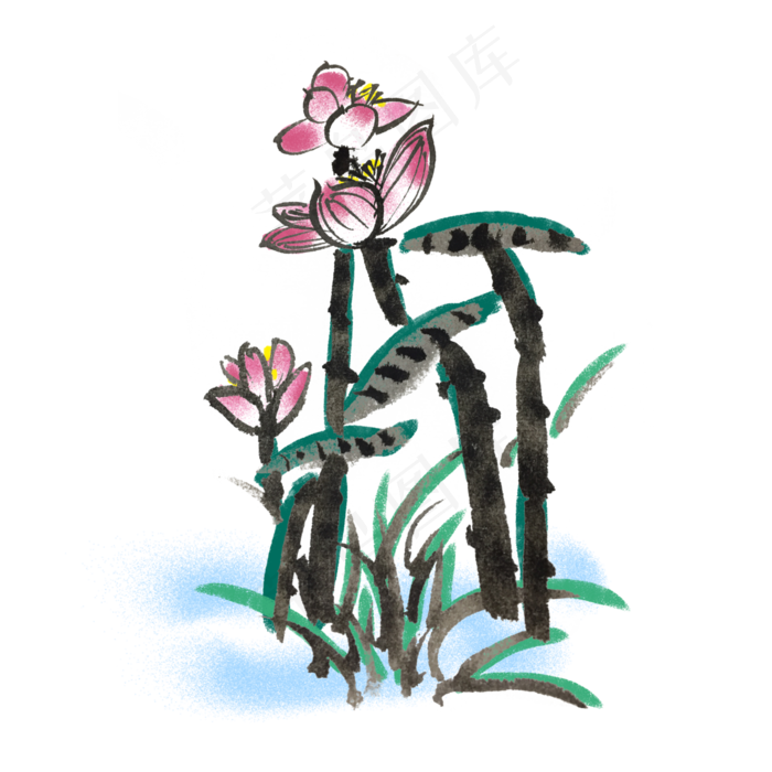 水墨风荷叶手绘插画