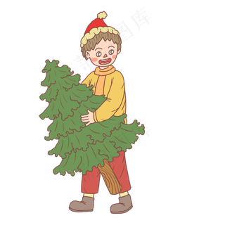 圣诞节卡通手绘圣诞树男孩,免抠元素