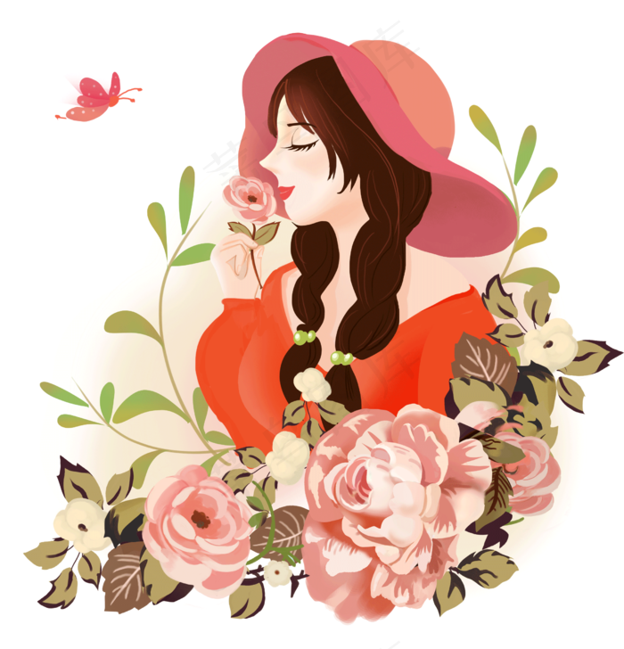 38女神节粉色暖色系手绘女神节快,免抠元素