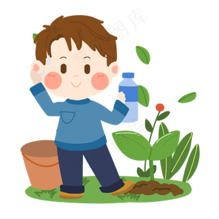 植树节卡通男孩植树休息一下PNG素,免抠元素
