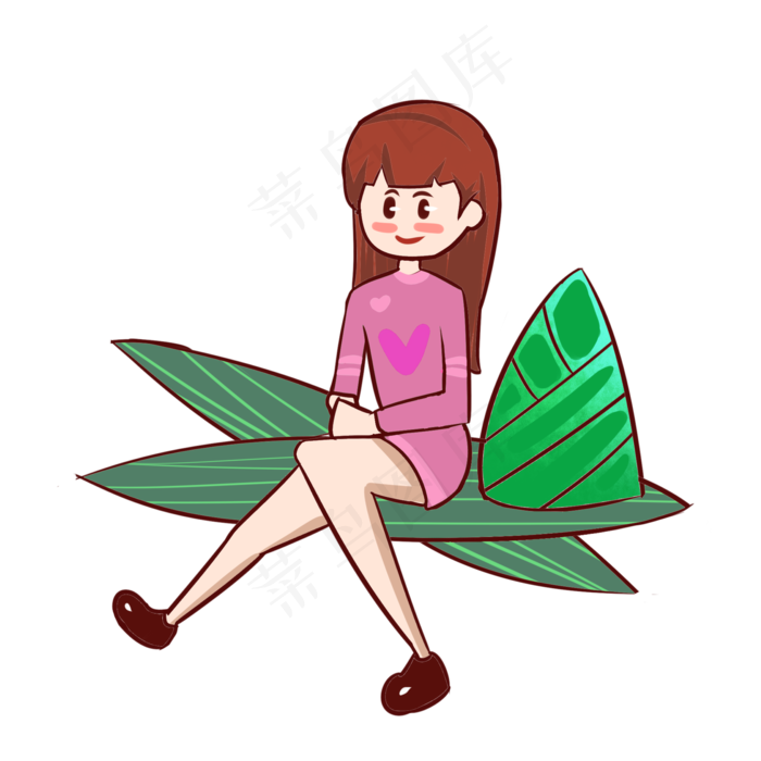 端午节坐在粽子叶上的女孩手绘插(2000X2000(DPI:300))psd模版下载
