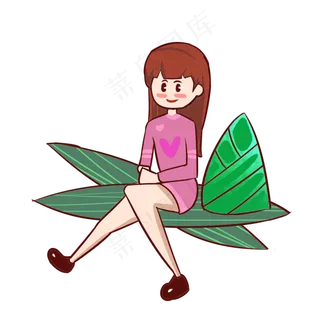 端午节坐在粽子叶上的女孩手绘插