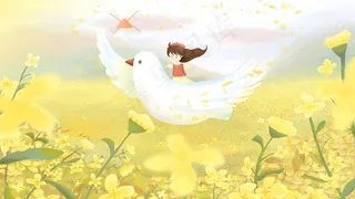 温暖系可爱花海女孩白鸽天空飞翔配图