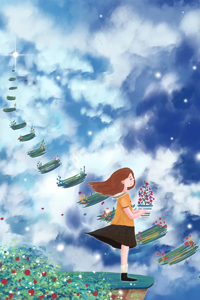 夏日天空女孩盆栽治愈系风景