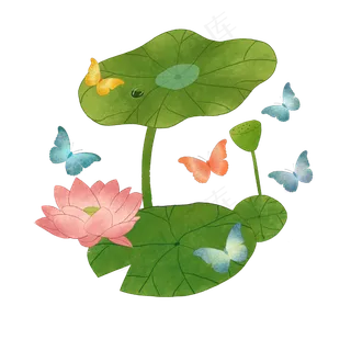 荷花彩色蝴蝶莲花荷叶PNG