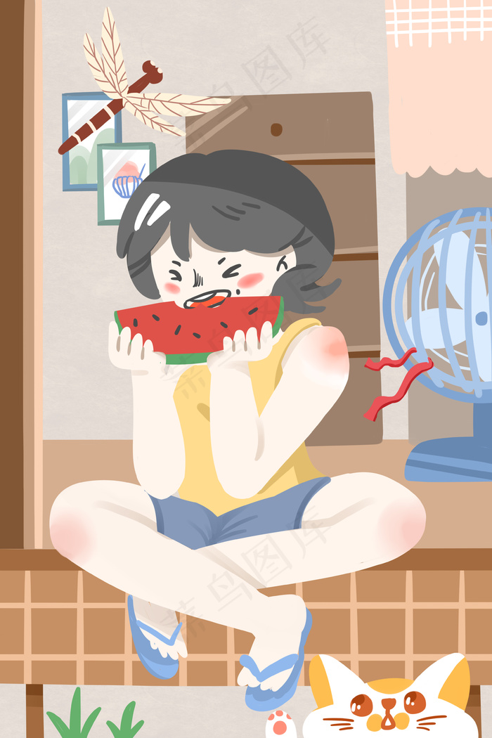卡通小清新立夏女孩吃西瓜配图