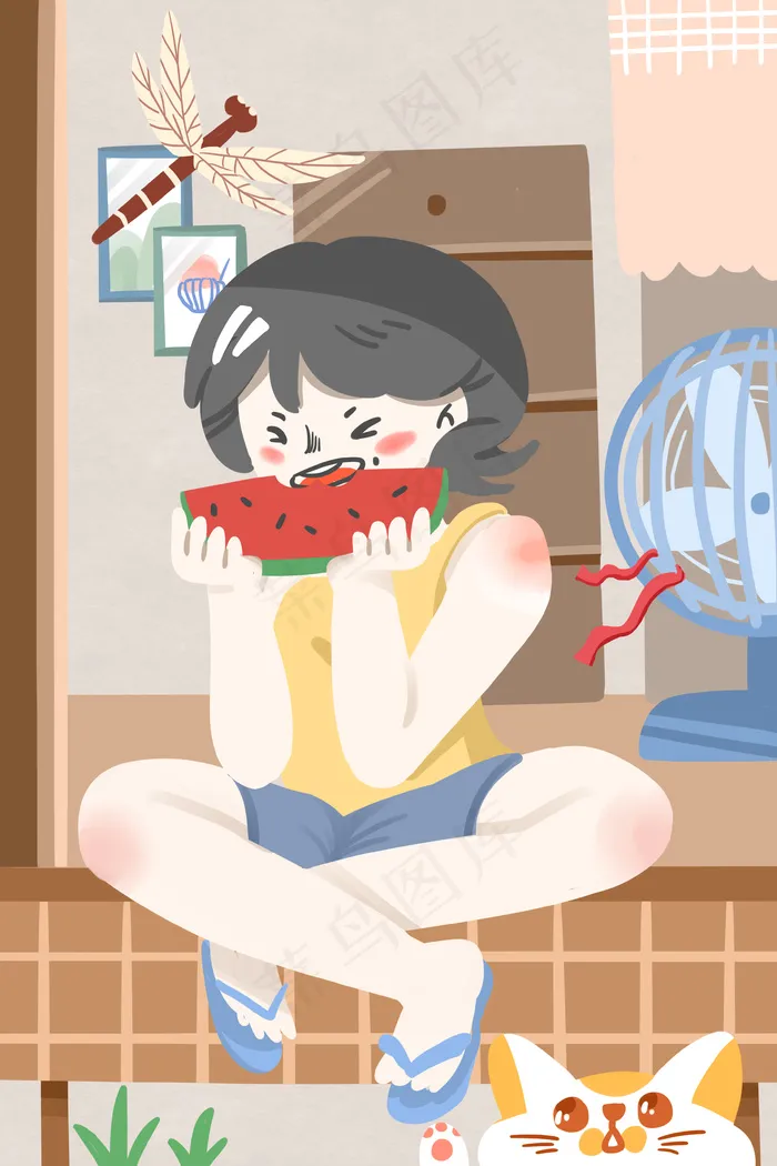 卡通小清新立夏女孩吃西瓜配图(3545X5315(DPI:299))psd模版下载