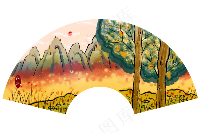 绚丽山水古风扇面(3000X2000(DPI:300))psd模版下载