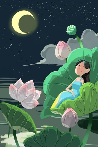 卡通手绘风小暑夏景荷塘配图