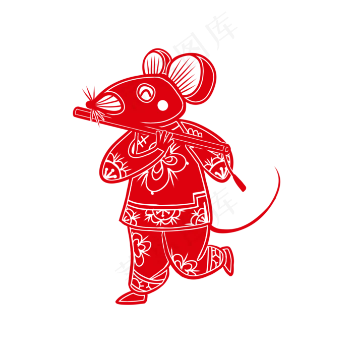 老鼠吹笛子鼠年剪纸风,免抠元素(2000X2000(DPI:300))psd模版下载