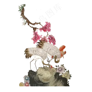 樱花烂漫水墨国画仙鹤PNG写意,免抠元素