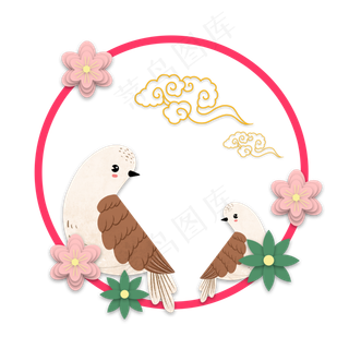 立体剪纸花鸟祥云,免抠元素