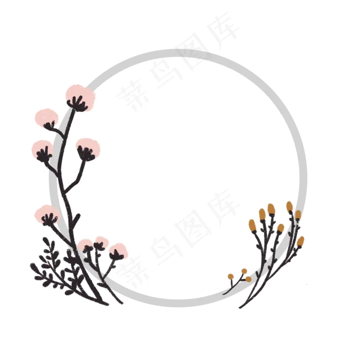 文艺棉花干花圆形边框PNG免抠