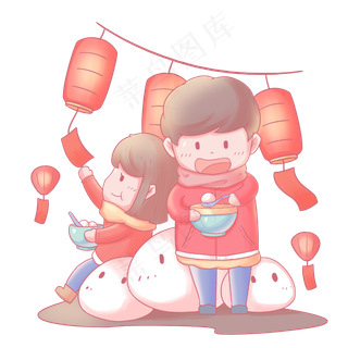 元宵节卡通手绘吃汤圆人物免扣PNG,免抠元素