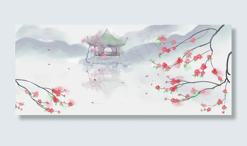 卡通手绘亭子桃花(1918X799(DPI:300))psd模版下载