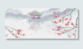 卡通手绘亭子桃花