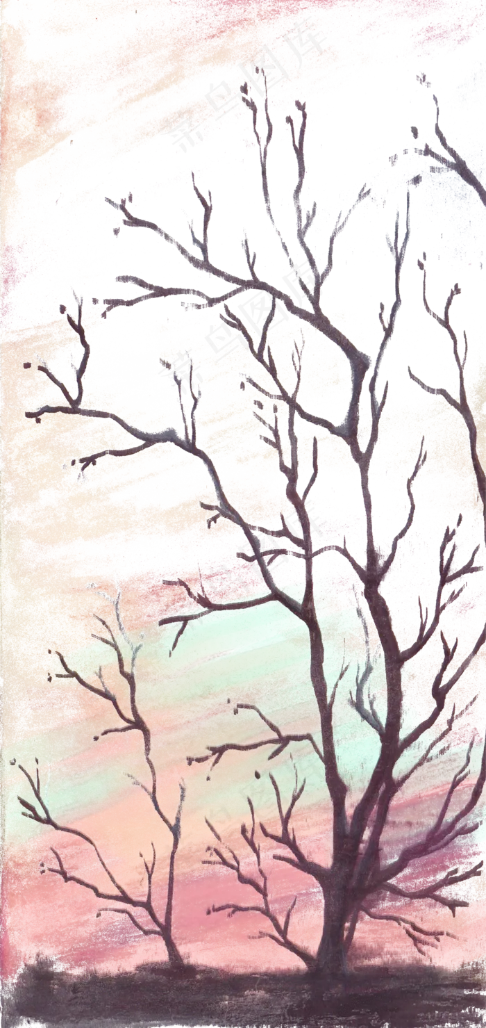手绘水彩风夕阳下的树影PNG素材(2000X4225(DPI:300))psd模版下载