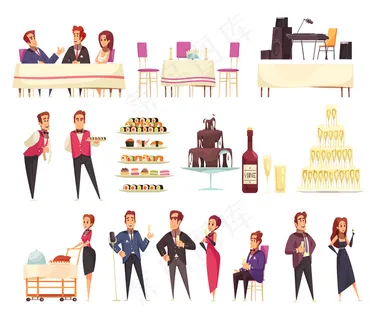 宴会设置卡通图标服务人员和客人美食音乐设备内部元素