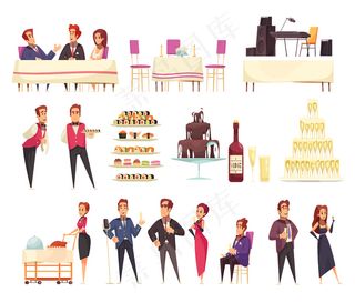 宴会设置卡通图标服务人员和客人美食音乐设备内部元素