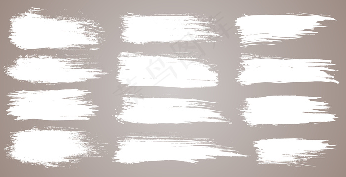 一套粗糙的艺术画笔笔刷、画笔。粗犷的水彩宽画笔笔触。白色背景上隔离的白色集合