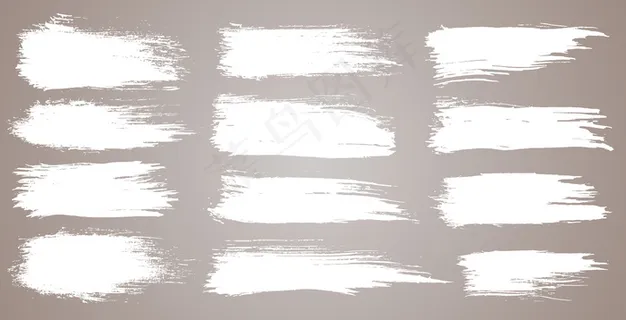 一套粗糙的艺术画笔笔刷、画笔。粗犷的水彩宽画笔笔触。白色背景上隔离的白色集合