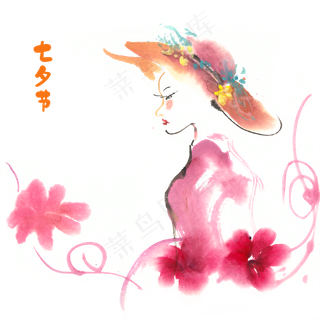 七夕节少女彩墨画
