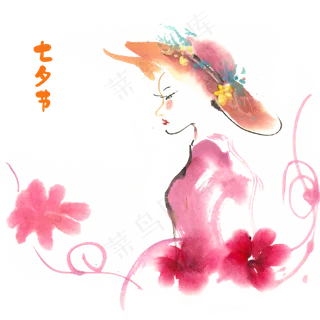 七夕节少女彩墨画 七夕节少女彩墨画