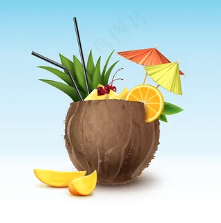 Vector椰子鸡尾酒，配以樱桃、菠萝角、橘子片、黑色吸管和绿色粉色派对伞