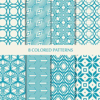 八个无缝的蓝色和白色的V形图案集不同的时尚形状和V形重复元素