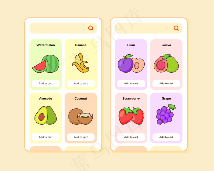 水果店用户界面或用户体验设计的手机app移动应用程序app模板屏幕设计与一些水果清单