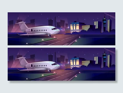 夜间跑道上的私人客机或私人公务机，机场航站楼