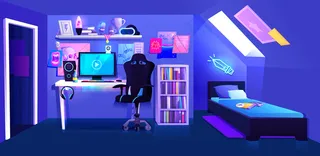 阁楼内部横幅banner上的游戏男孩房间