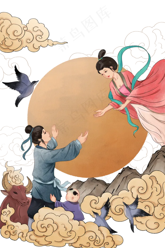 七夕节七夕牛郎织女情侣鹊桥(3545X5315(DPI:300))psd模版下载