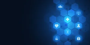 抽象医学背景与平面图标和符号。医疗技术、创新医学、健康、科学和研究的概念和想法。