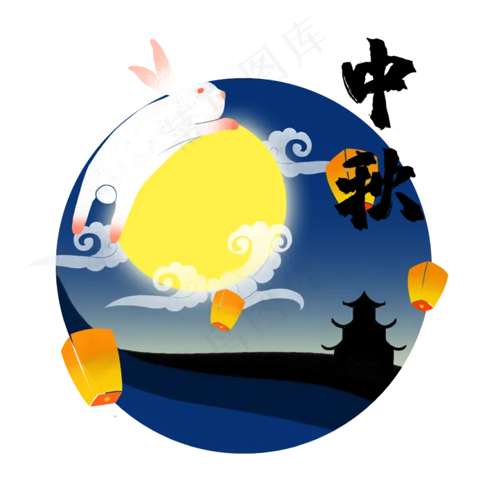 中秋孔明灯八月十五玉兔赏月(2500X2500(DPI:300))psd模版下载