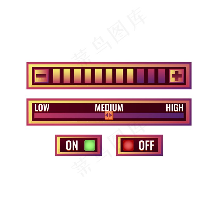 一套有趣的紫色游戏用户界面控制设置面板与开关按钮和进度菜单eps,ai矢量模版下载