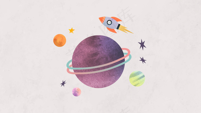 五颜六色的星系水彩涂鸦与火箭eps,ai矢量模版下载