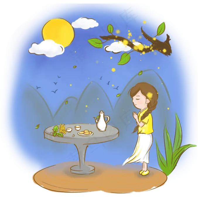 秋分祭月手绘PNG素材(3000X3000(DPI:300))psd模版下载