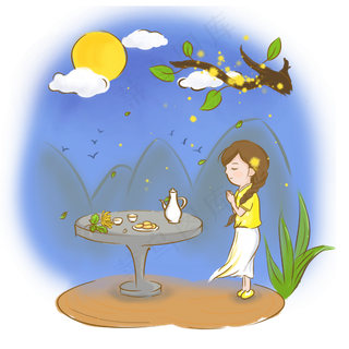 秋分祭月手绘PNG素材